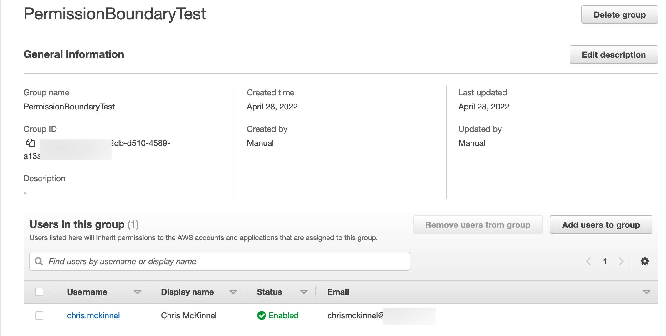 Screen shot of new group in SSO console.
