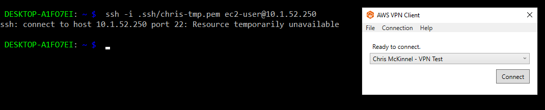 Screen shot of failing to connect to test EC2 instance.