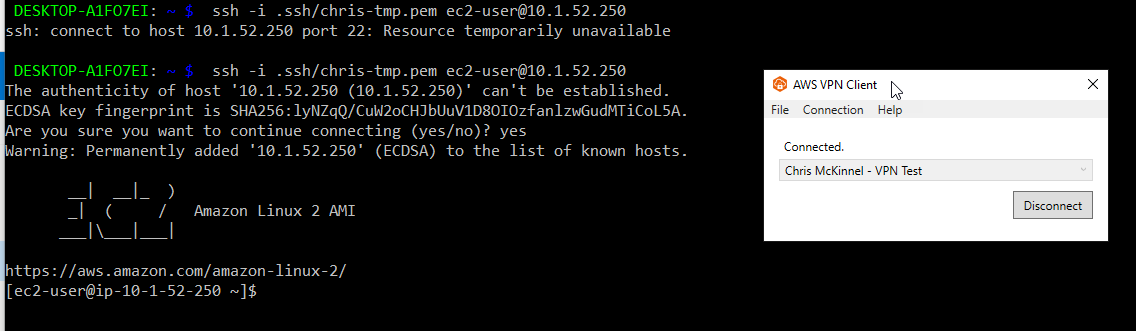 Screen shot of successfully to connecting to test EC2 instance.