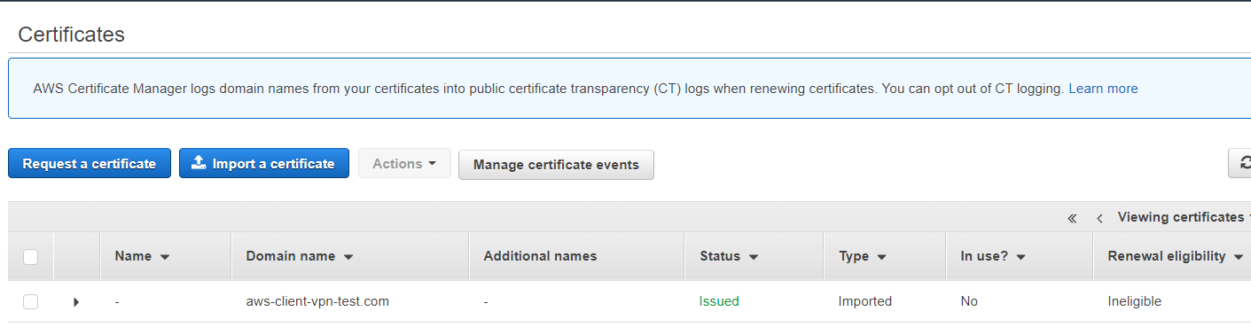 Screen shot of the server certificate in ACM.
