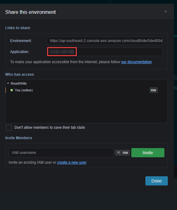 Cloud9 share dialog.