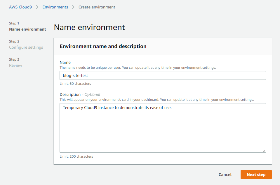 Create Cloud9 instance - step 1.