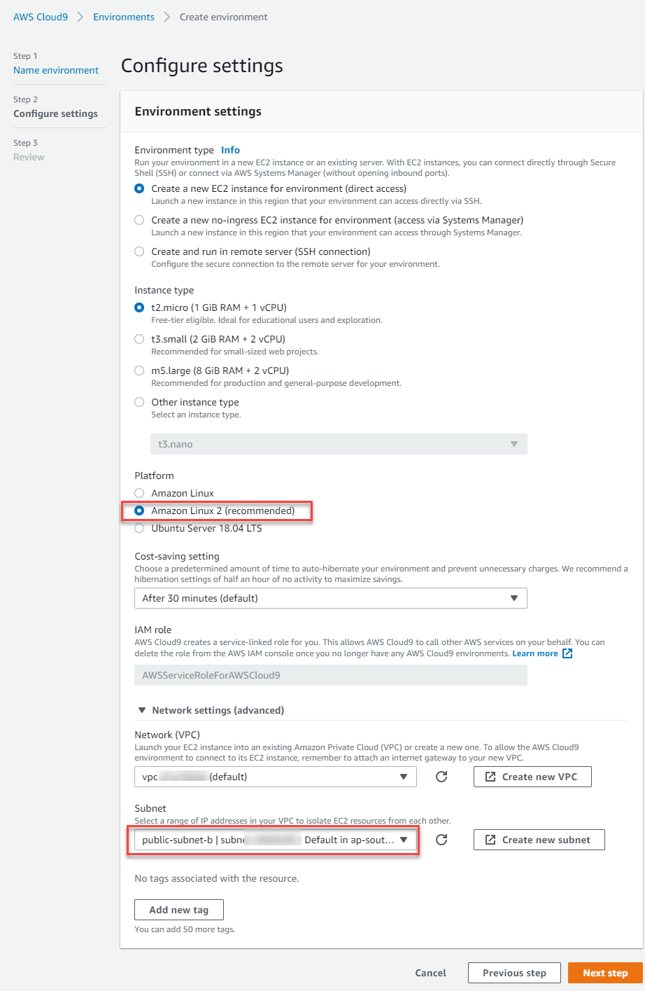 Create Cloud9 instance - step 2.