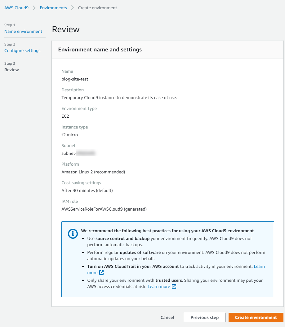 Create Cloud9 instance - step 3.