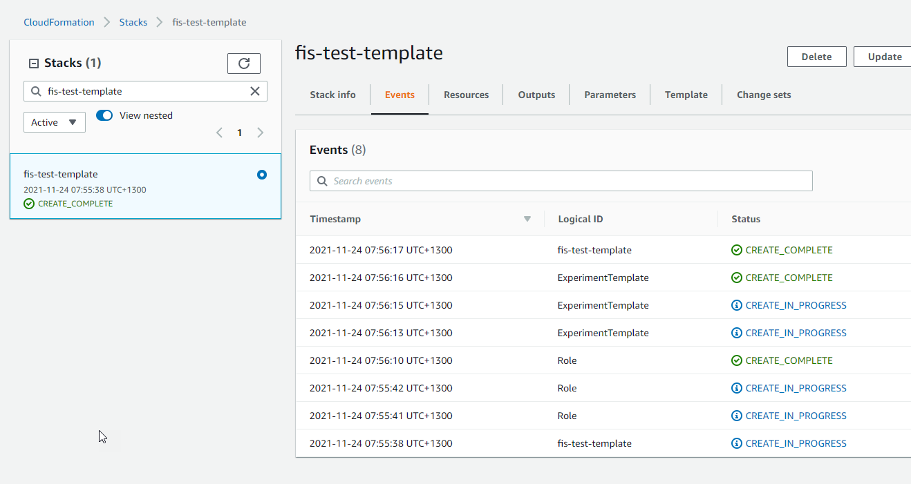 Screen shot of FIS CloudFormation stack.