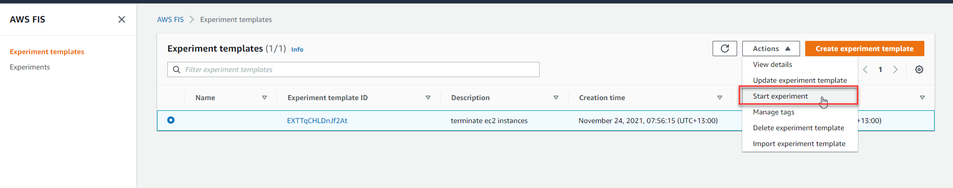 Screen shot of starting a FIS experiment.
