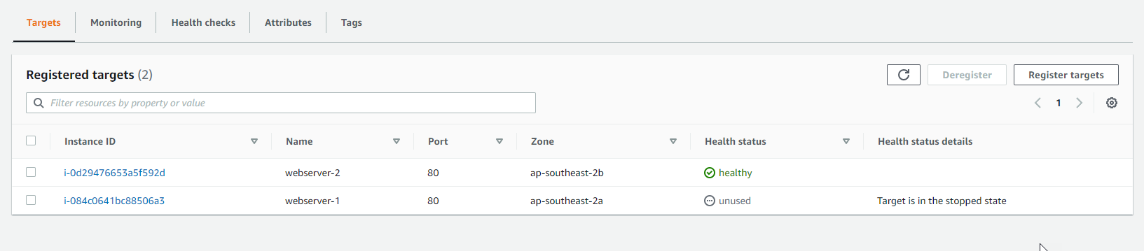 Screen shot of stopped instance in target group.
