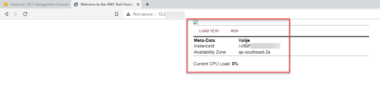 Screen shot of webserver running on new instance.