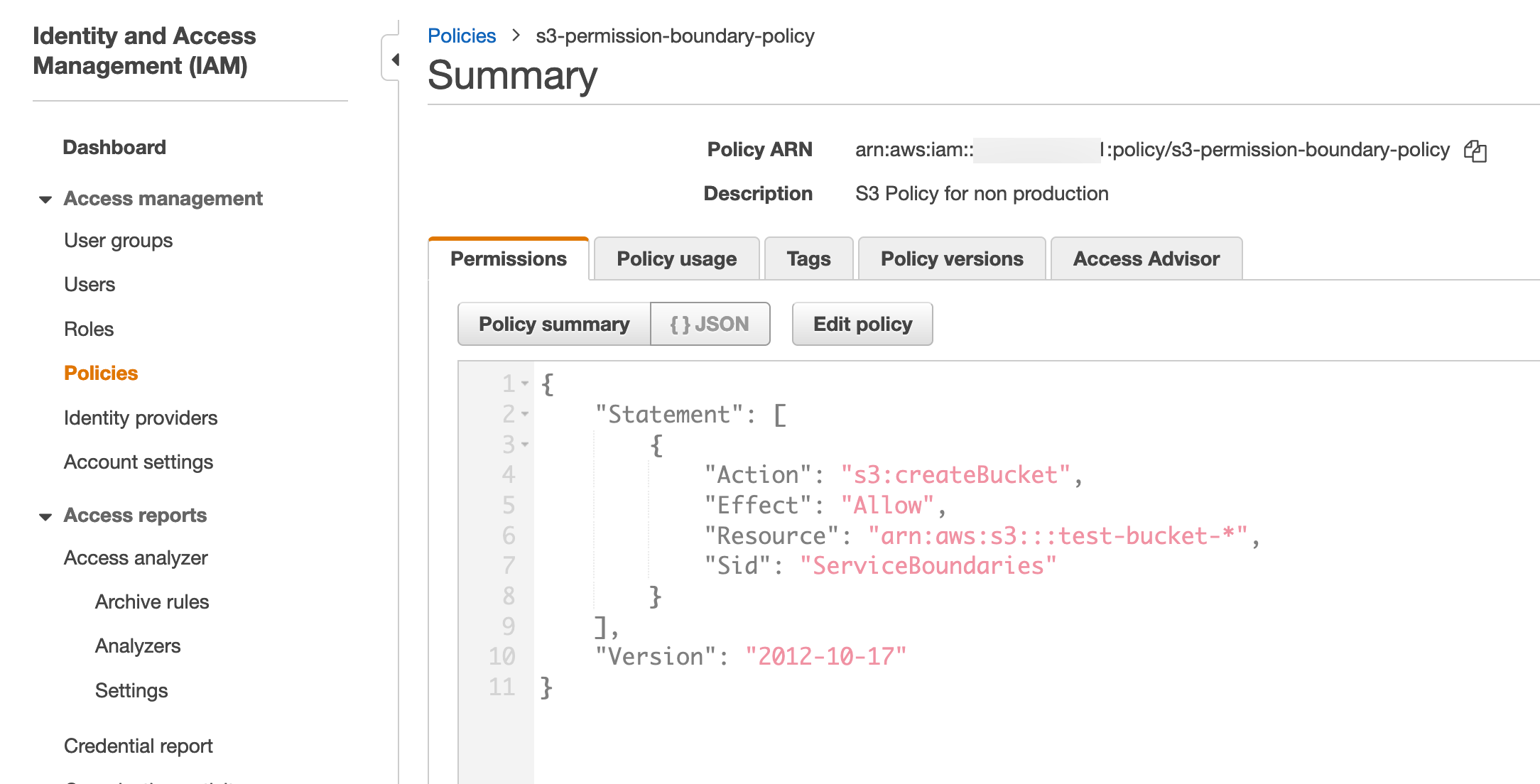 Screen shot of permission boundary policy.