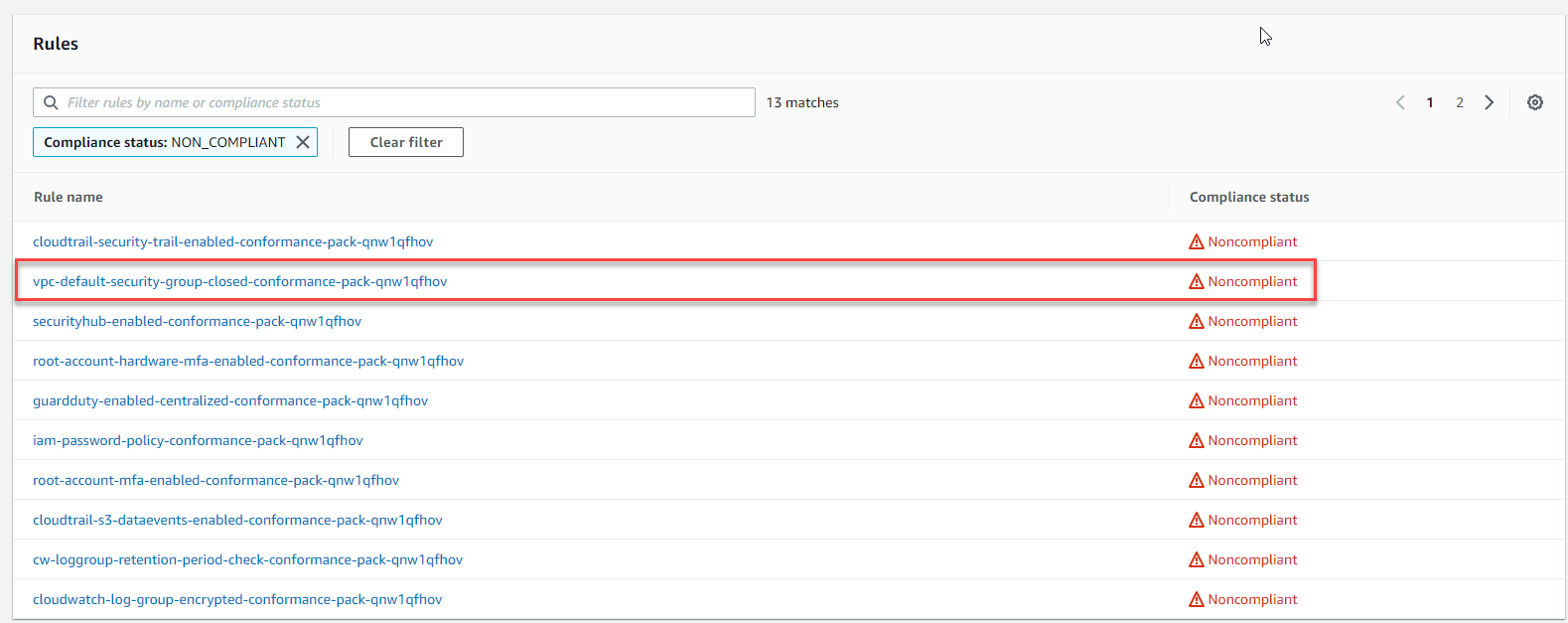 Screen shot a failed security group rule.