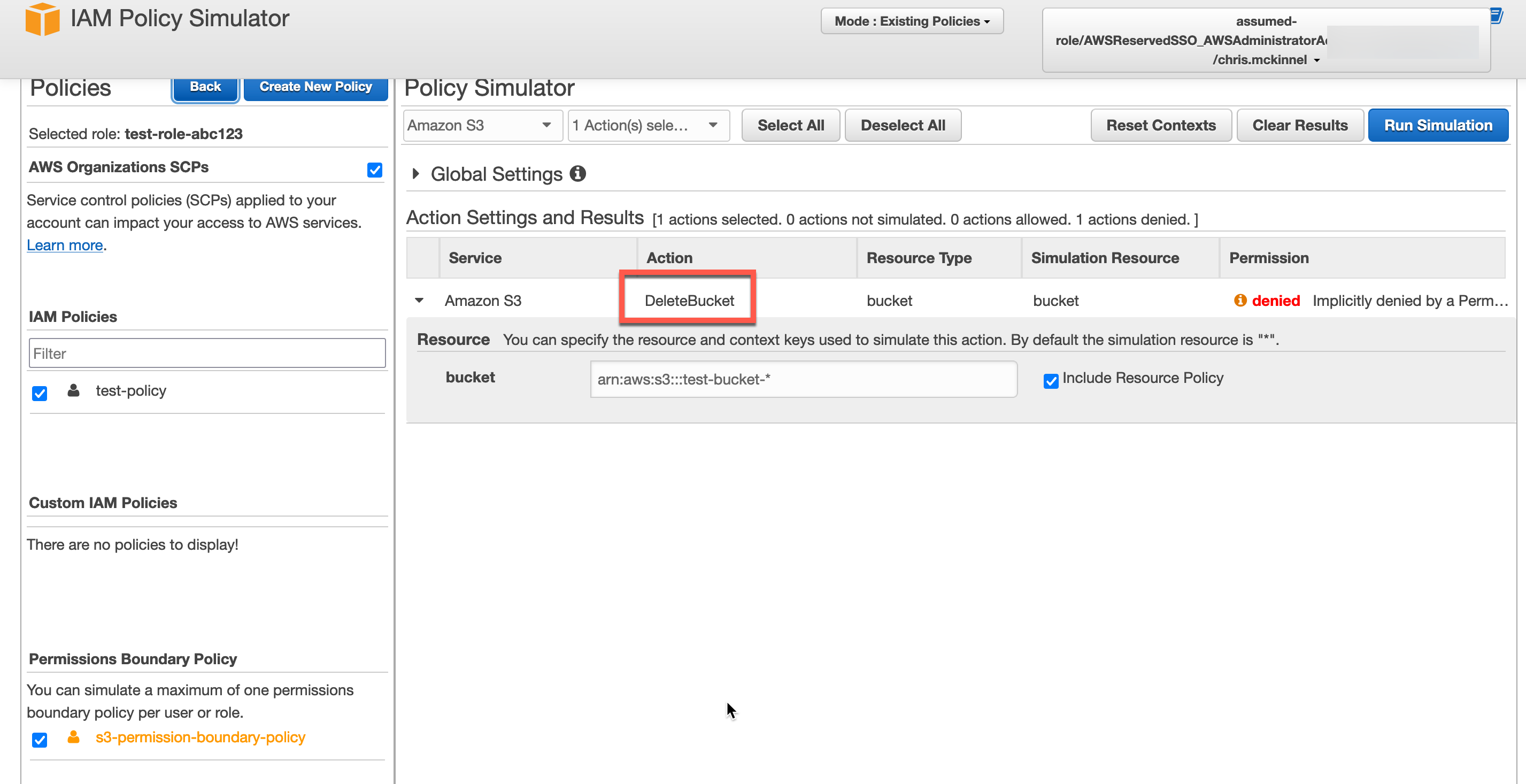 Screen shot of policy sim - s3 delete bucket denied.