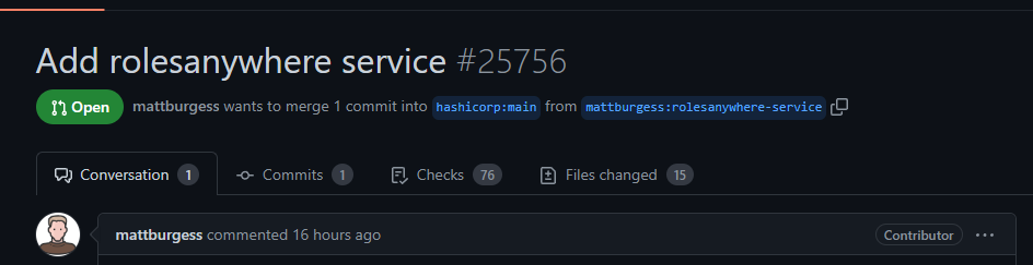 Screen shot of Terraform pull request for IAM Roles Anywhere feature.